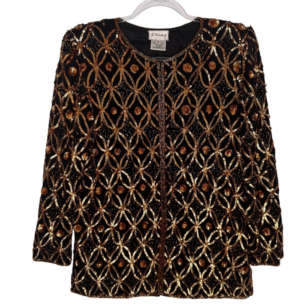 1980s Vintage Stenay Black Gold Silk Sequin Beaded Evening Jacket Medium